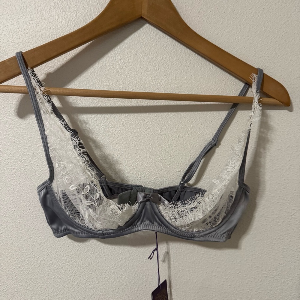 Maison Close Villa Satine Soutien Gorge Balconette Bra Gray White Lace NWT-32C